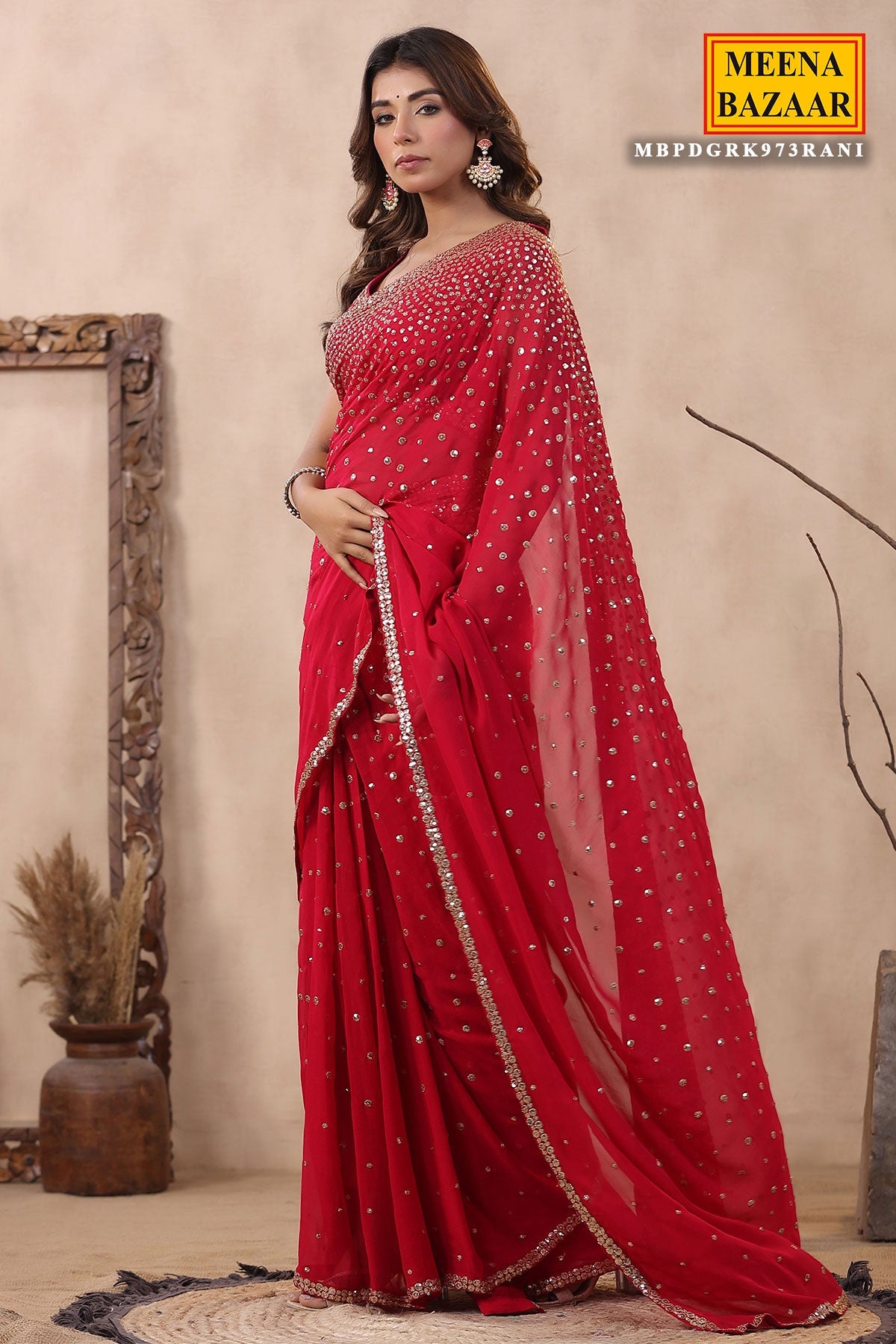 Rani Georgette Zari and Sequins Embroidered Saree with Readymade Blouse