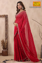 Rani Georgette Zari and Sequins Embroidered Saree with Readymade Blouse