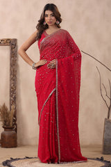 Rani Georgette Zari and Sequins Embroidered Saree with Readymade Blouse