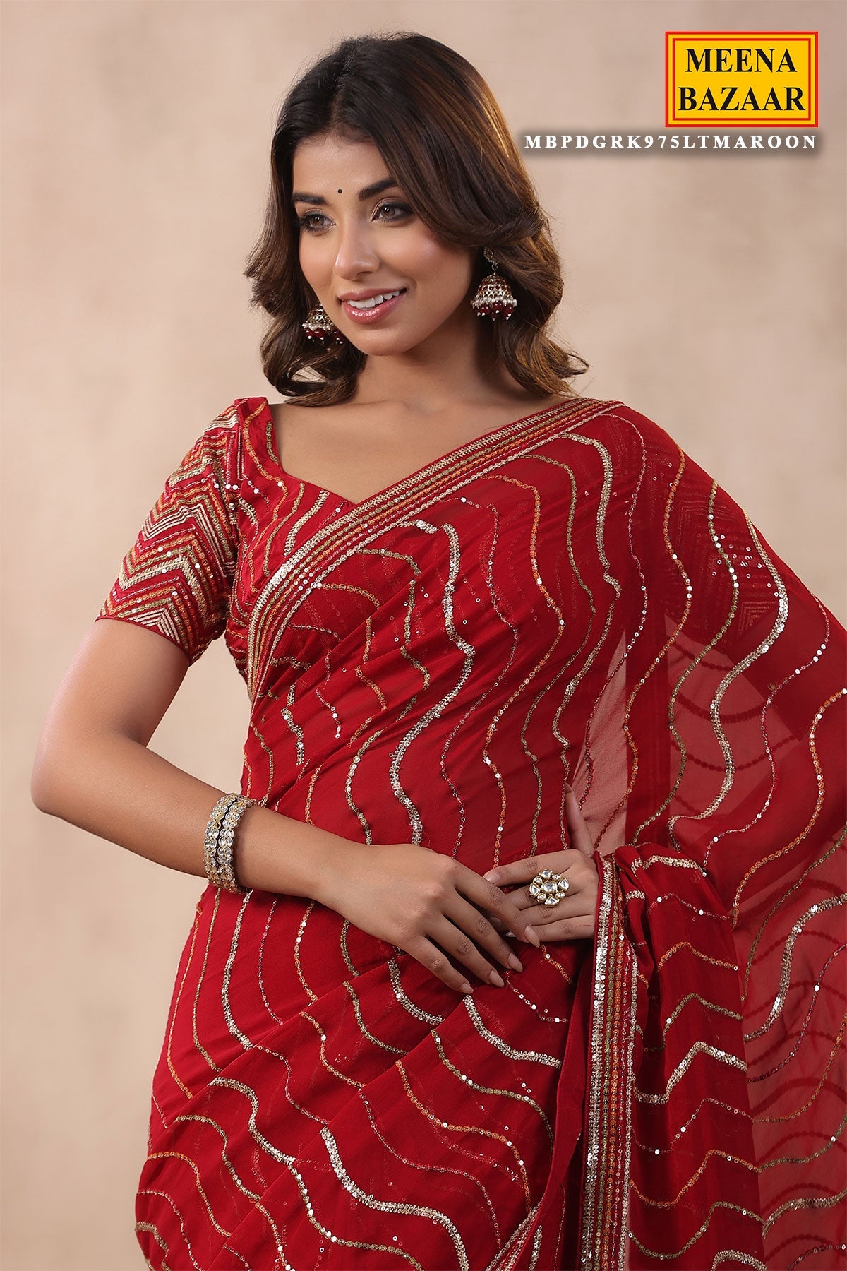 Maroon Georgette Sequins Embroidered Saree