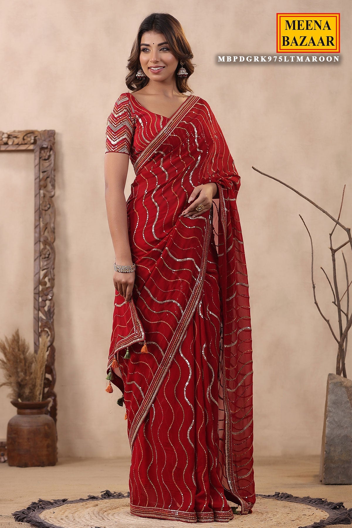 Maroon Georgette Sequins Embroidered Saree