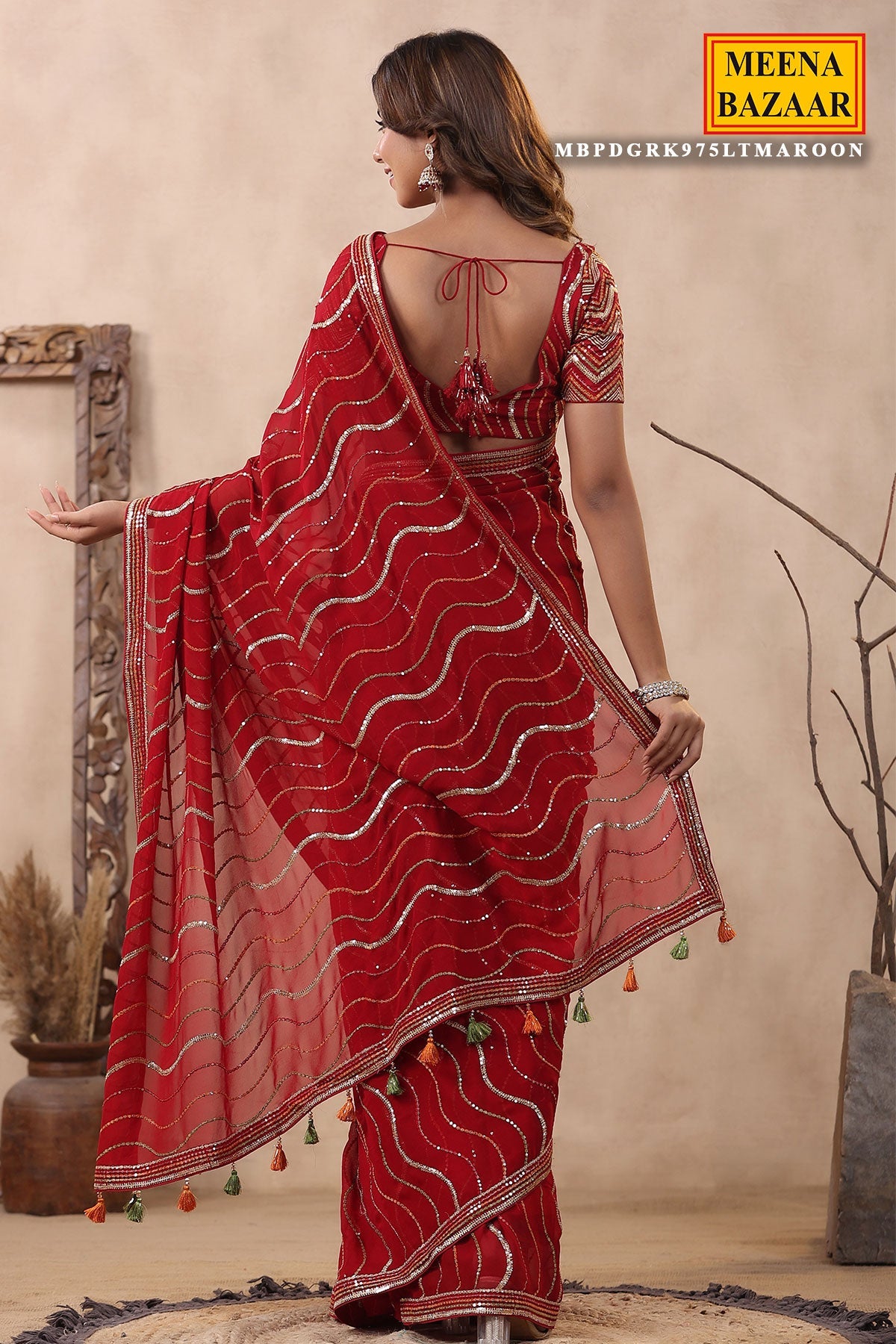 Maroon Georgette Sequins Embroidered Saree