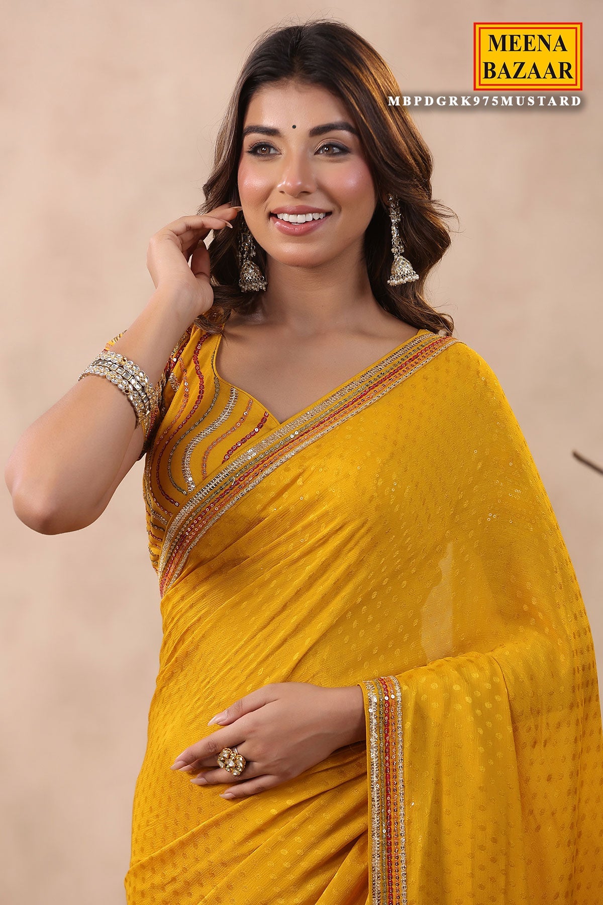 Mustard Jacquard Crepe Sequins Embroidered Saree