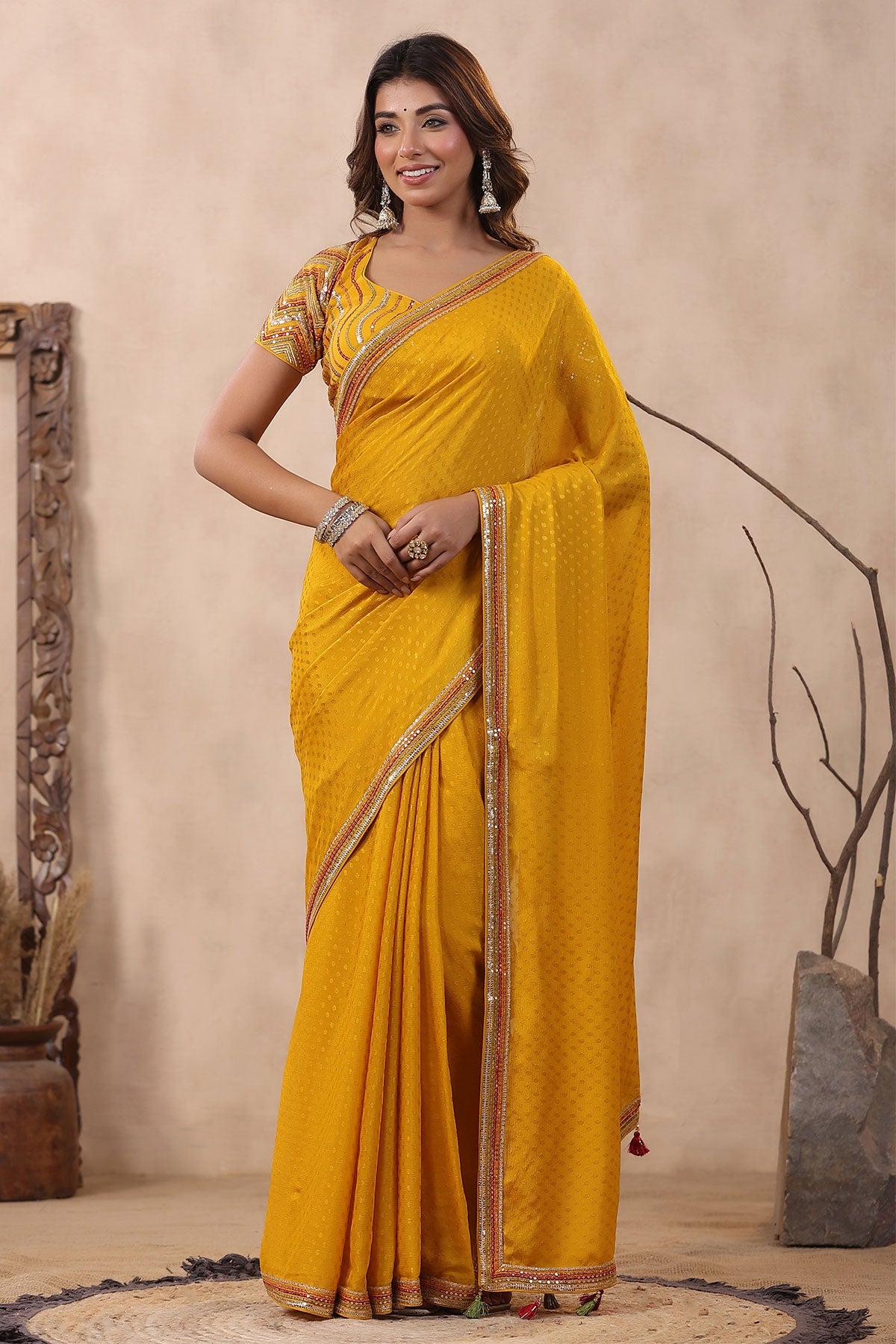 Mustard Jacquard Crepe Sequins Embroidered Saree