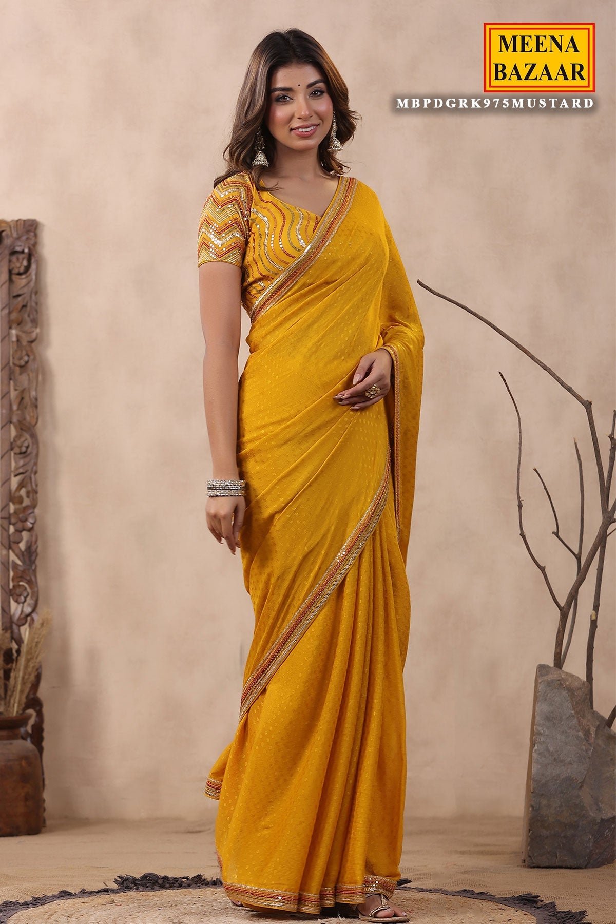 Mustard Jacquard Crepe Sequins Embroidered Saree
