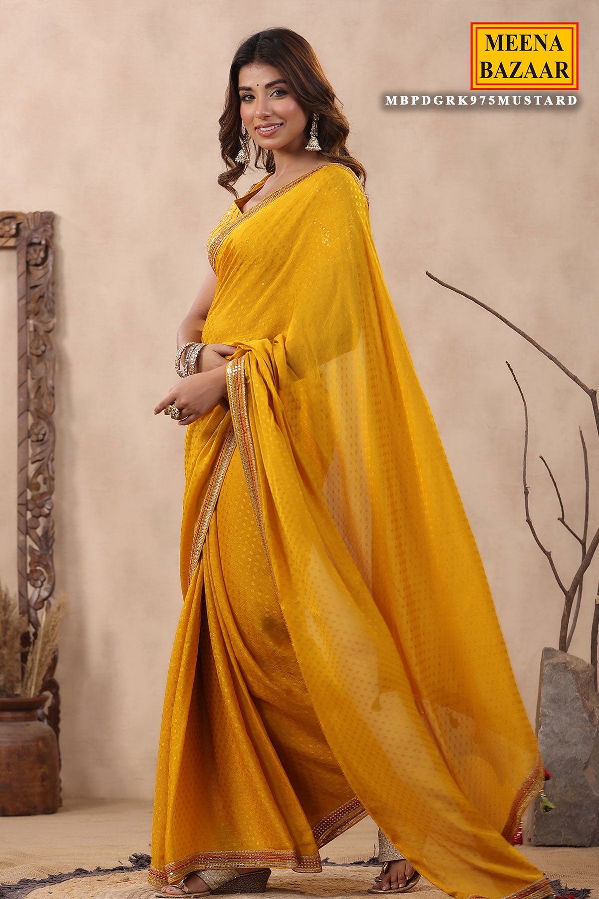 Mustard Jacquard Crepe Sequins Embroidered Saree