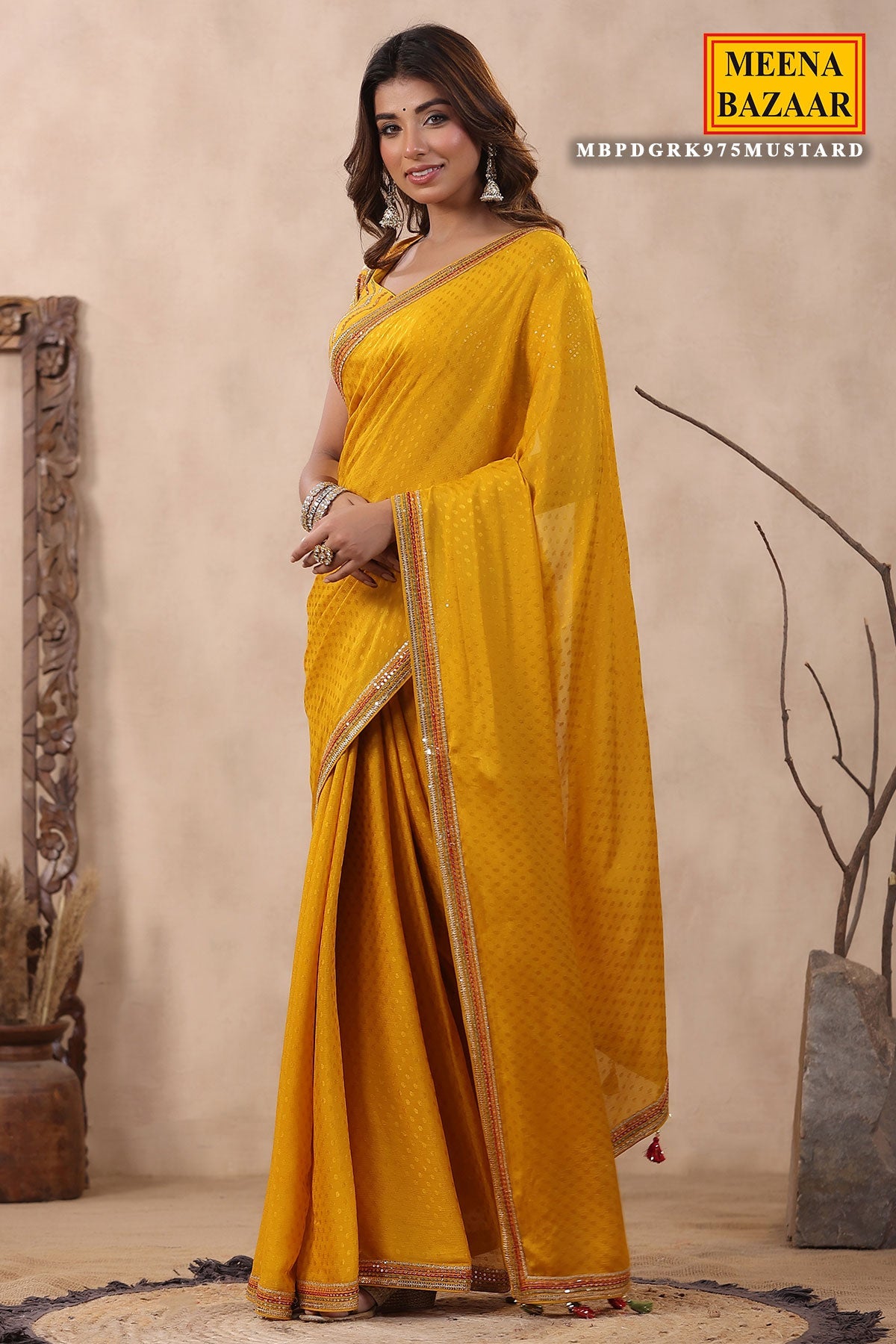Mustard Jacquard Crepe Sequins Embroidered Saree