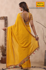 Mustard Jacquard Crepe Sequins Embroidered Saree