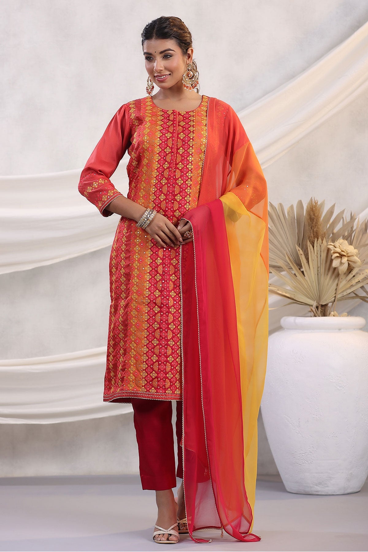 Gajari Silk Threadwork Embroidered Unstitched Suit Set