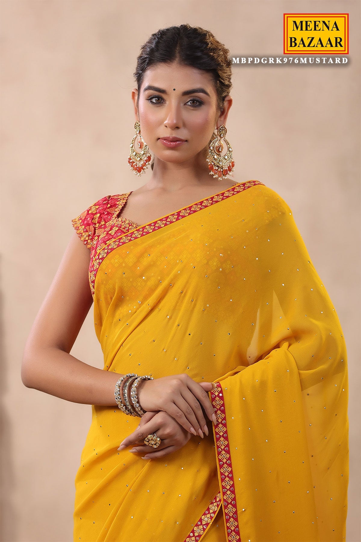Mustard Georgette Mukaish Embroidered Saree with Readymade Blouse