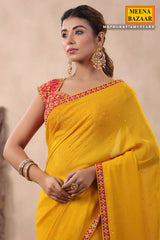 Mustard Georgette Mukaish Embroidered Saree with Readymade Blouse
