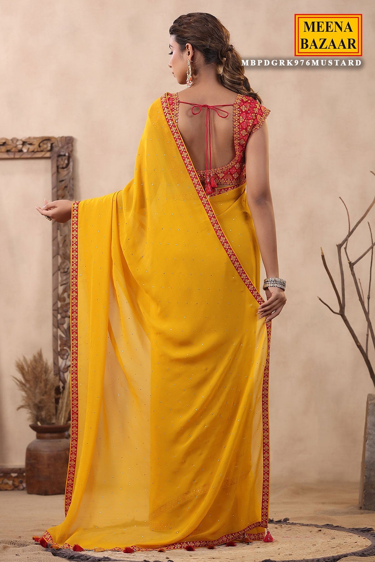 Mustard Georgette Mukaish Embroidered Saree with Readymade Blouse