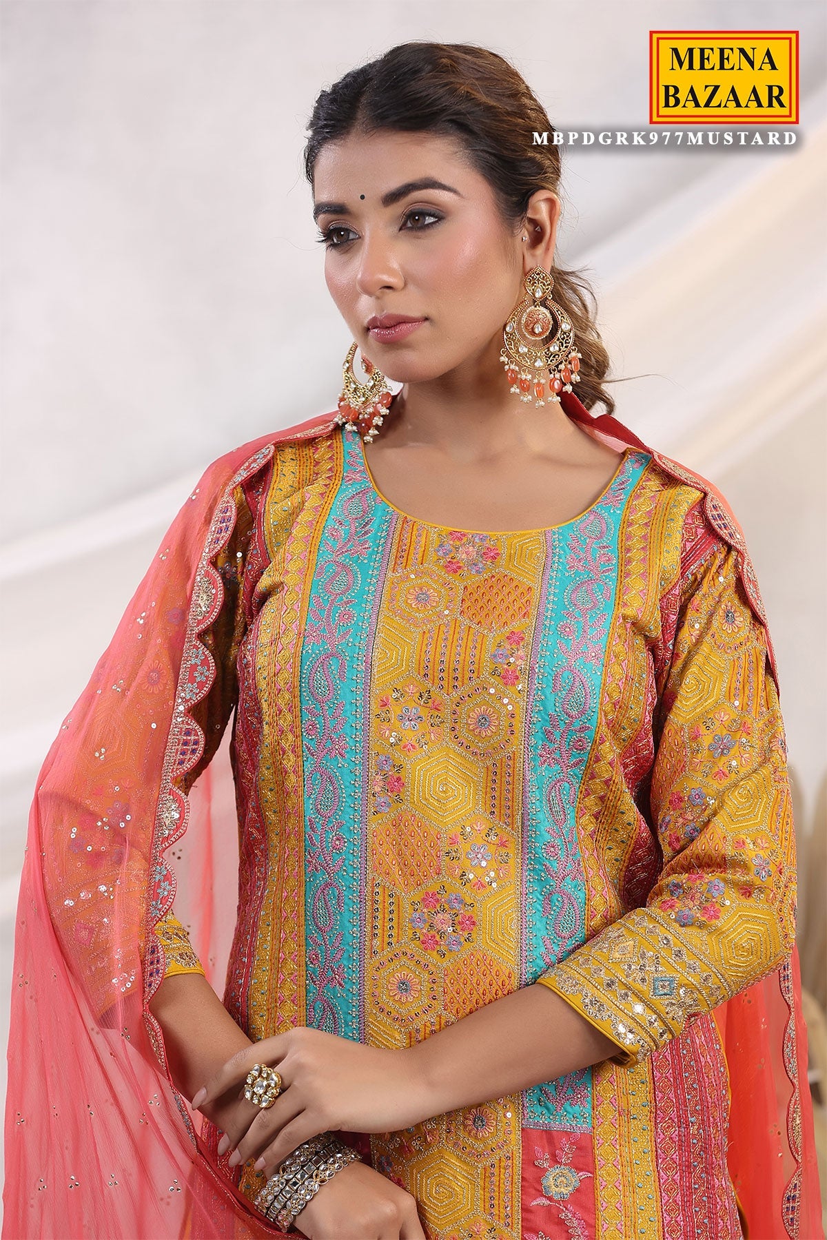 Mustard Silk Floral and Paisley Motif Threadwork and Sequins Embroidered Unstitched Suit