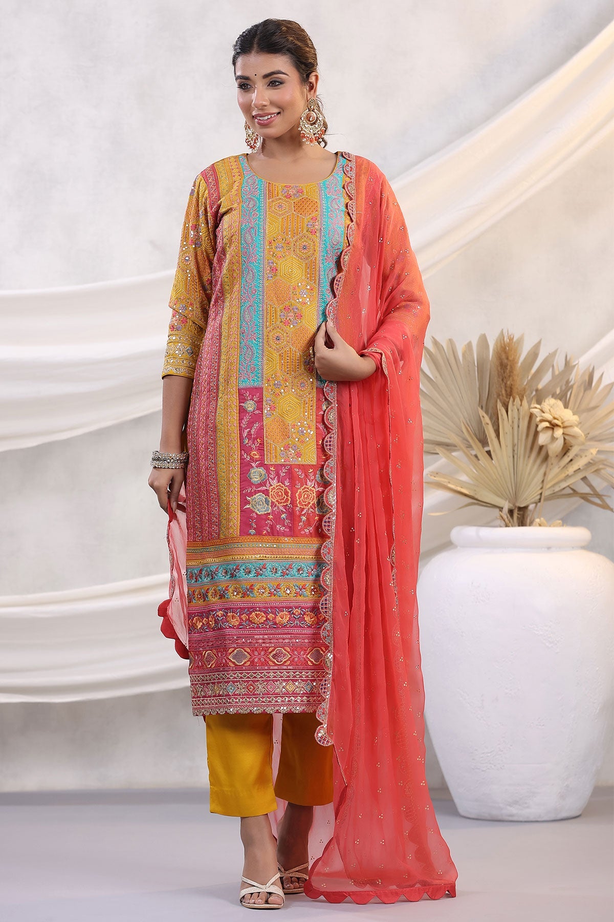 Mustard Silk Floral and Paisley Motif Threadwork and Sequins Embroidered Unstitched Suit