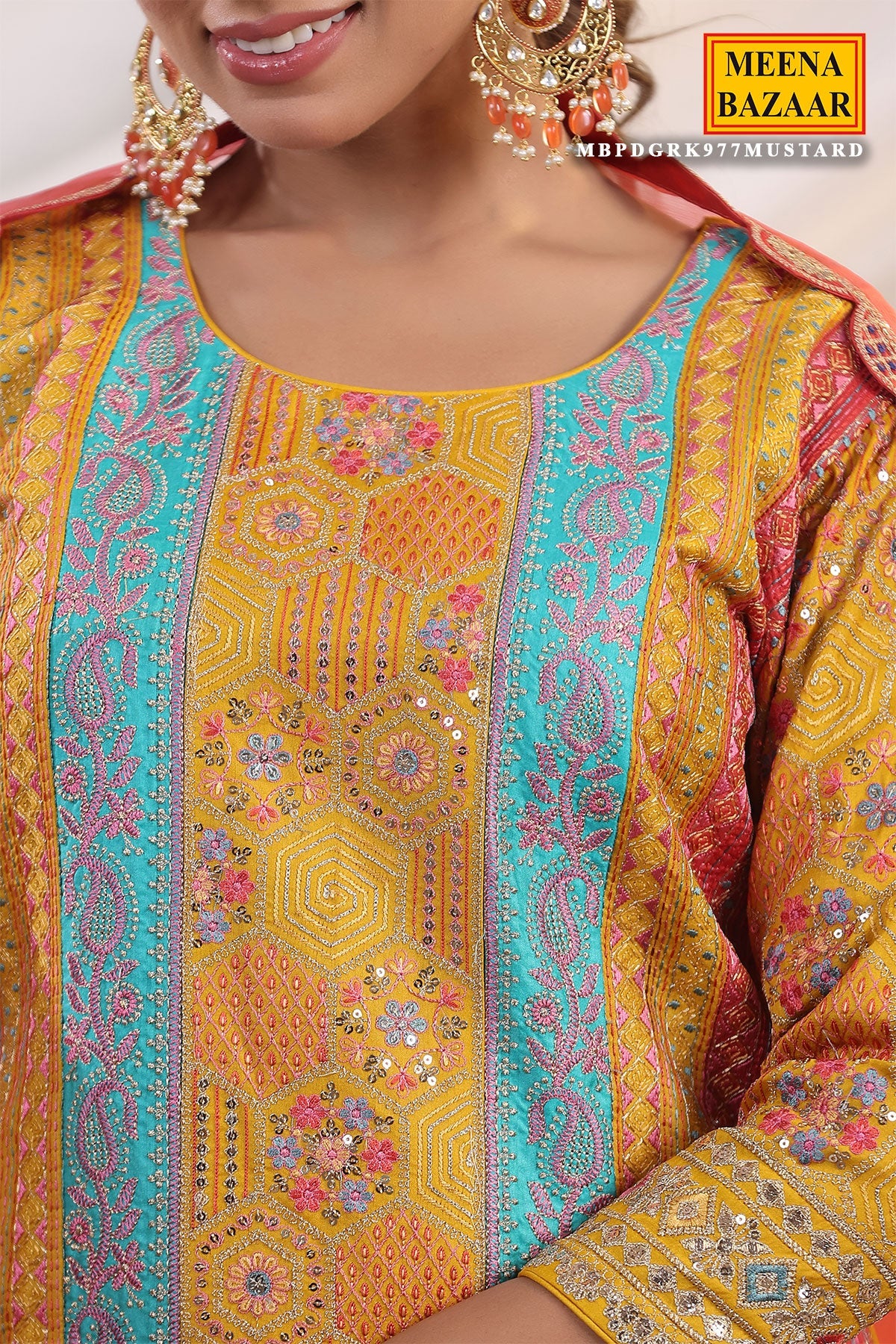 Mustard Silk Floral and Paisley Motif Threadwork and Sequins Embroidered Unstitched Suit