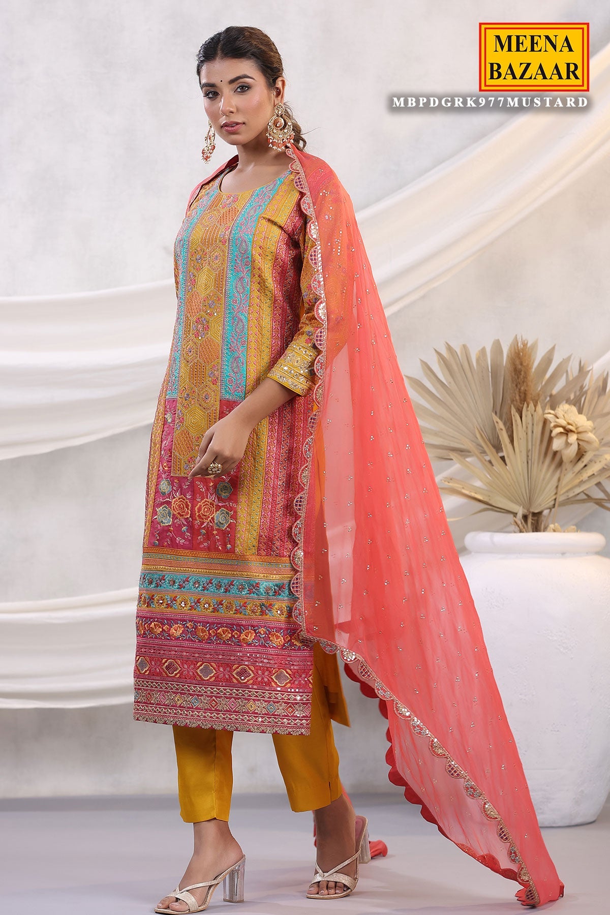 Mustard Silk Floral and Paisley Motif Threadwork and Sequins Embroidered Unstitched Suit