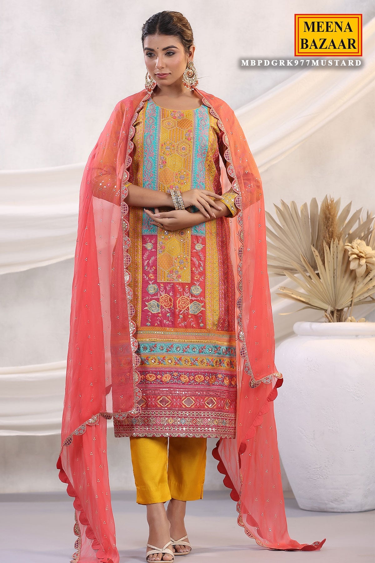 Mustard Silk Floral and Paisley Motif Threadwork and Sequins Embroidered Unstitched Suit