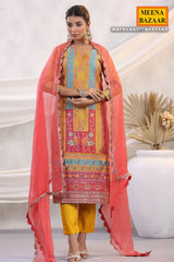 Mustard Silk Floral and Paisley Motif Threadwork and Sequins Embroidered Unstitched Suit