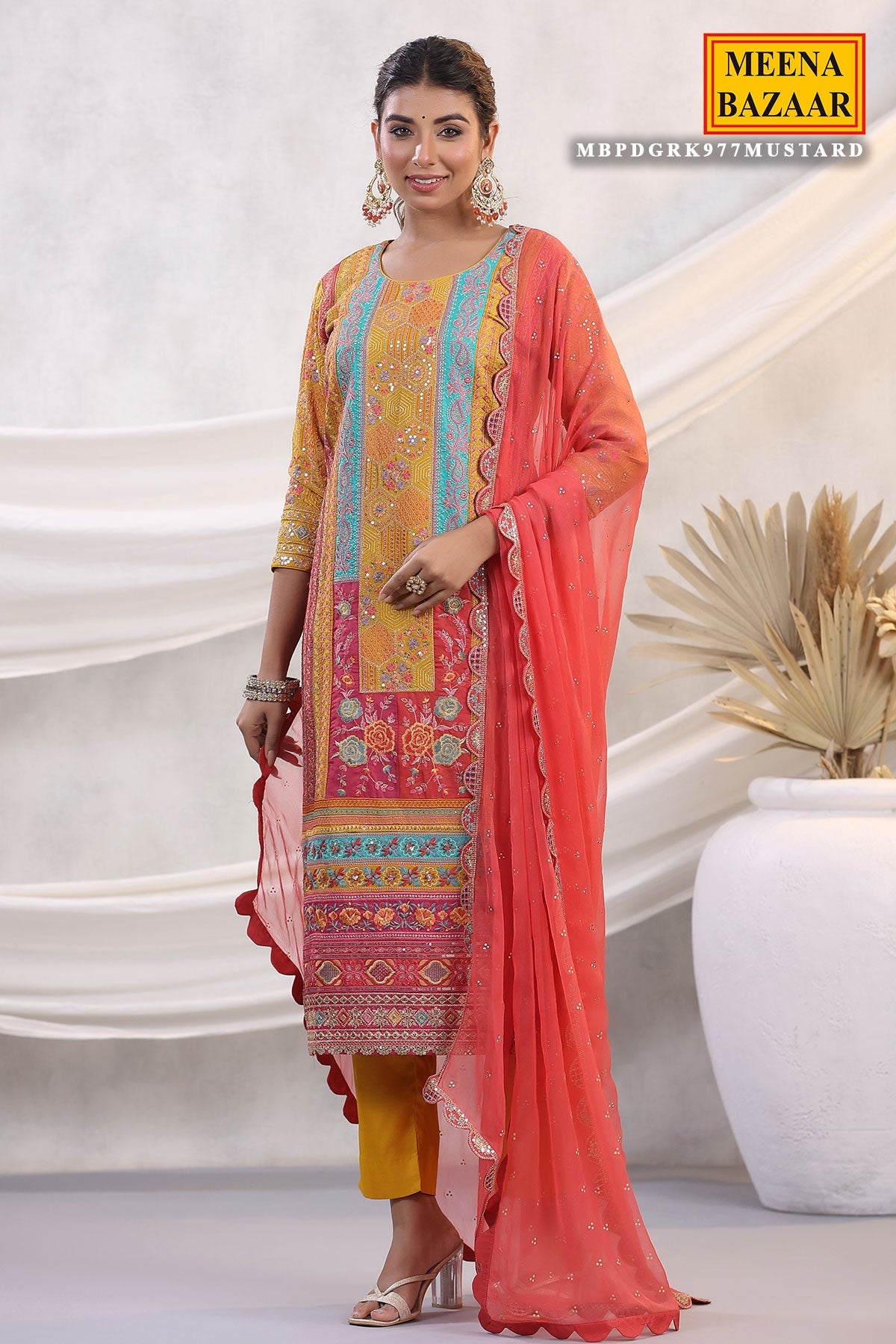 Mustard Silk Floral and Paisley Motif Threadwork and Sequins Embroidered Unstitched Suit
