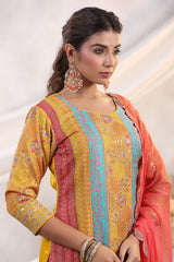 Mustard Silk Floral and Paisley Motif Threadwork and Sequins Embroidered Unstitched Suit