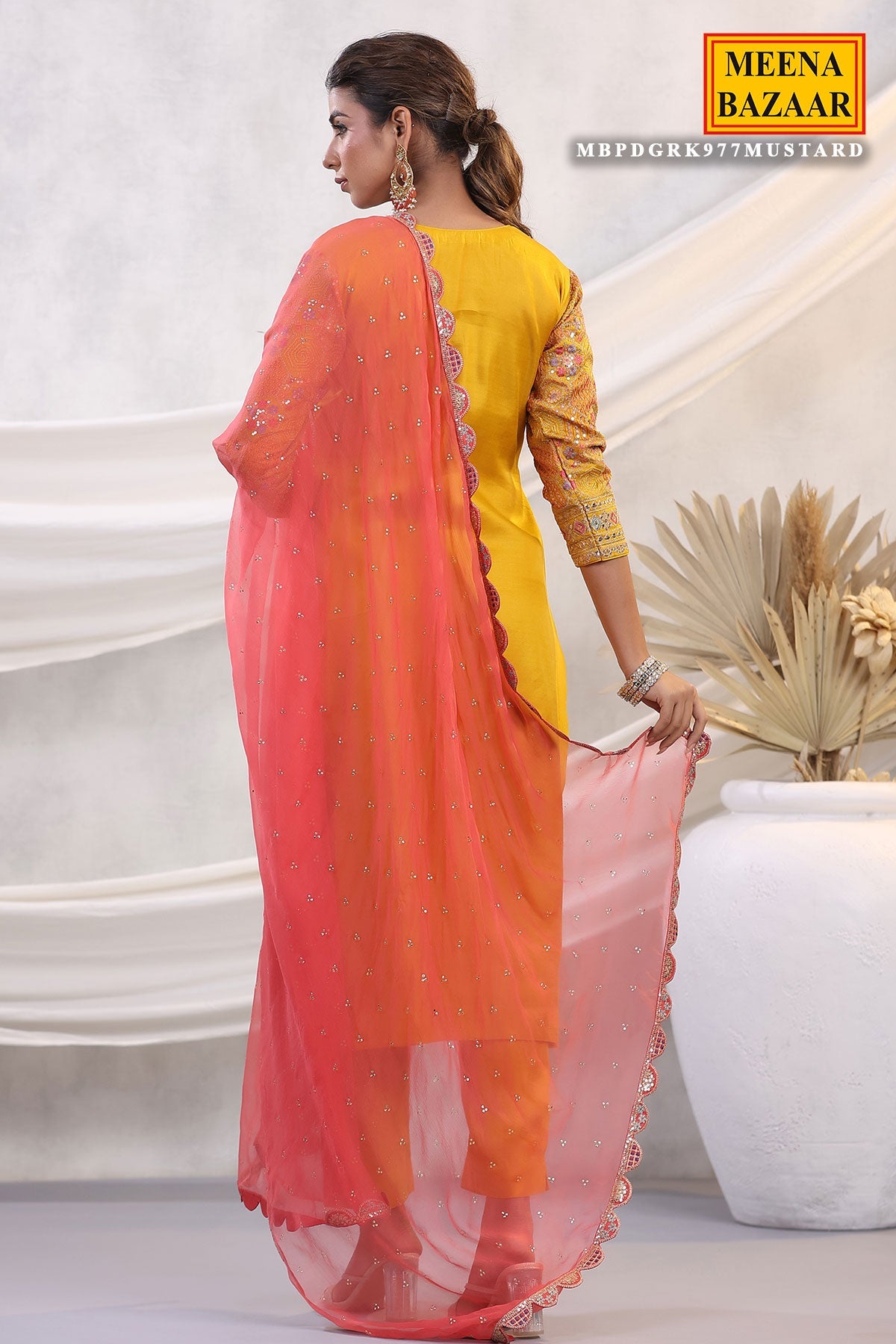 Mustard Silk Floral and Paisley Motif Threadwork and Sequins Embroidered Unstitched Suit