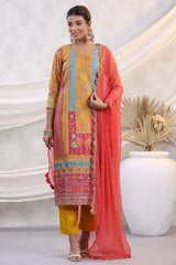 Mustard Silk Floral and Paisley Motif Threadwork and Sequins Embroidered Unstitched Suit