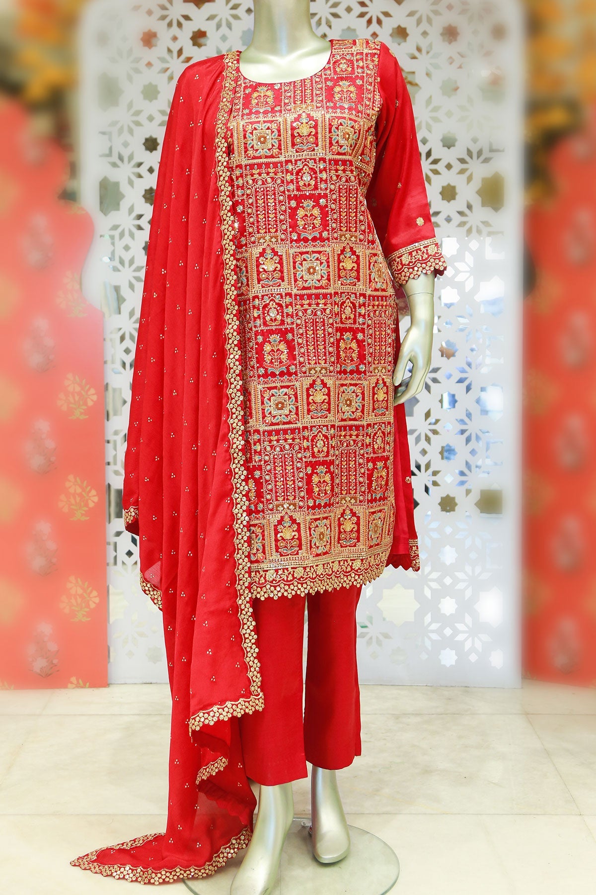Gajari Tussar Silk Sequin Embroidered Unstitched Suit