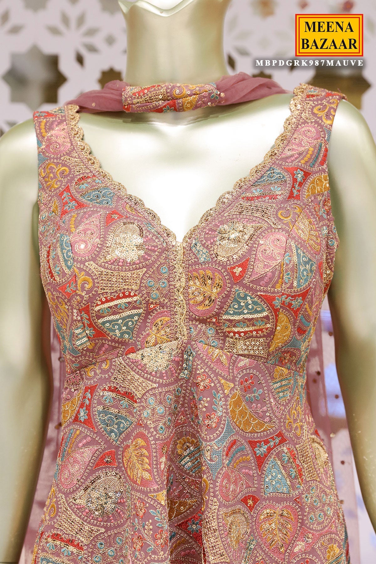 Light Mauve Georgette Threadwork and Sequins Embroidered 3-piece Sharara Ready Made Suit
