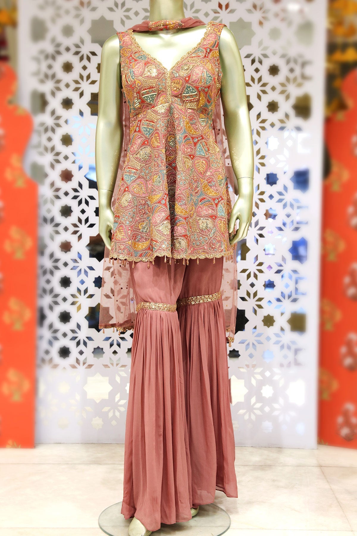 Light Mauve Georgette Threadwork and Sequins Embroidered 3-piece Sharara Ready Made Suit