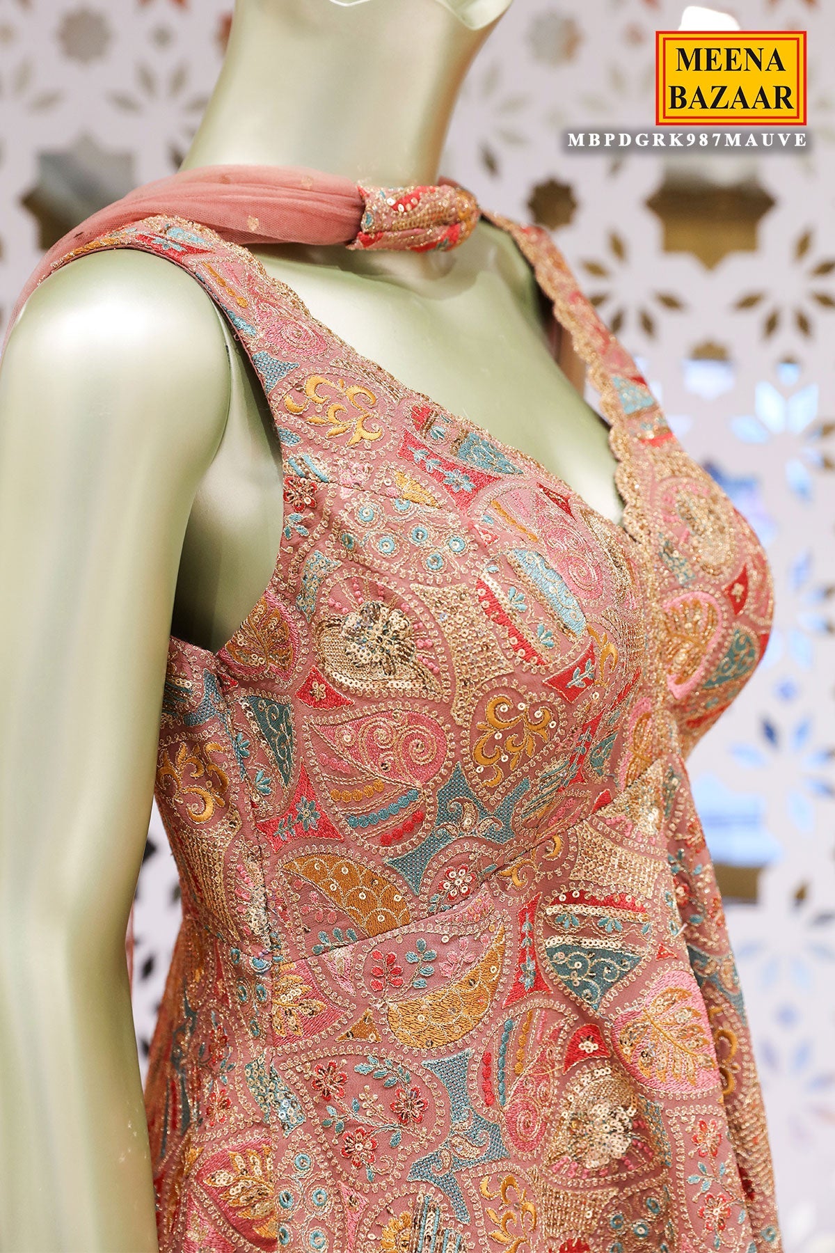 Light Mauve Georgette Threadwork and Sequins Embroidered 3-piece Sharara Ready Made Suit