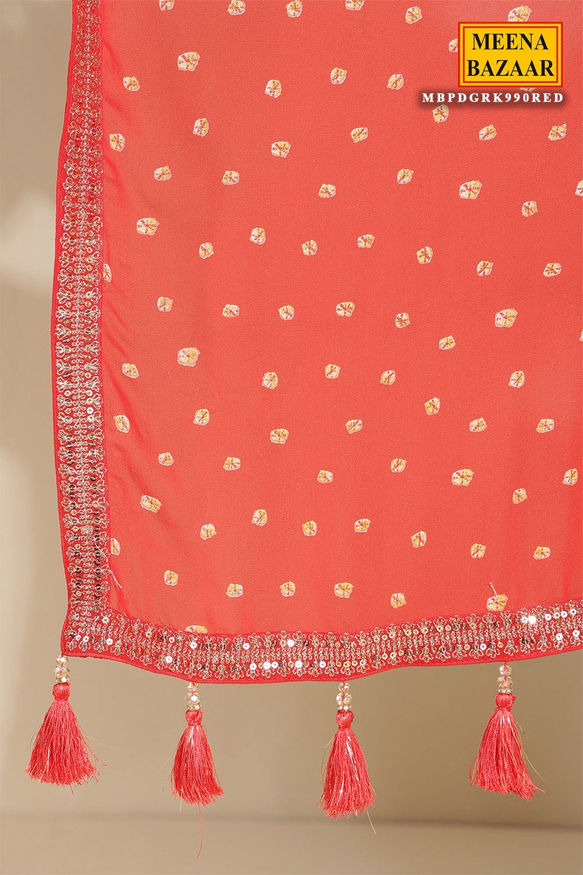 Red Bandhani Printed Zari Embroidered Georgette Saree With Ready Blouse