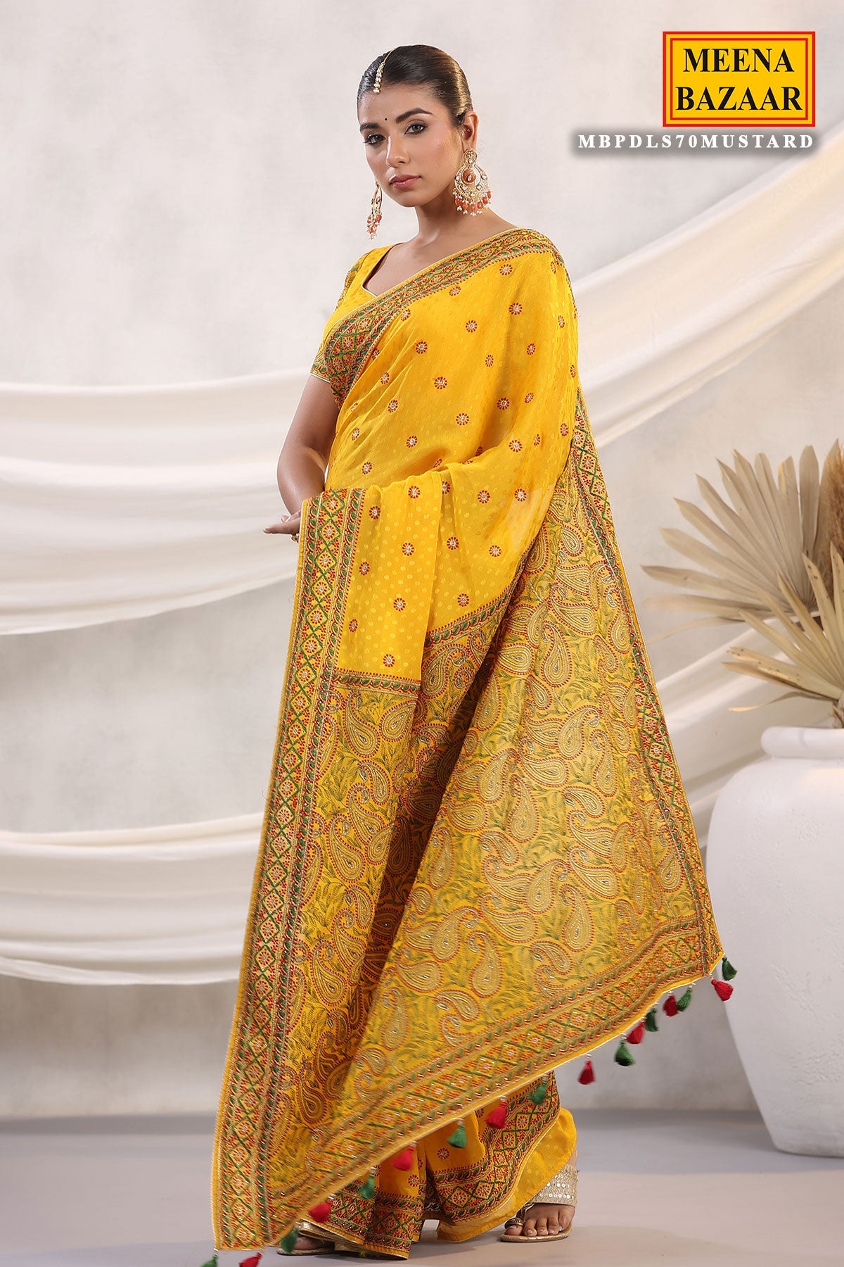 Mustard Jacquard Crepe Floral and Paisley Motif Embroidered Saree