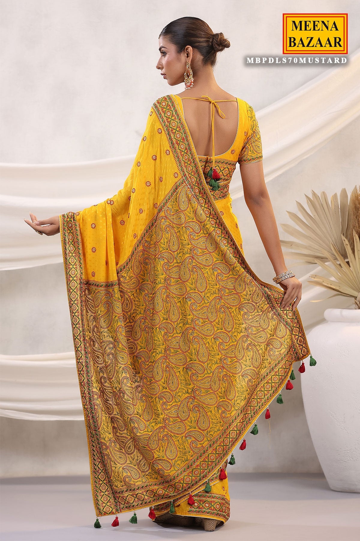 Mustard Jacquard Crepe Floral and Paisley Motif Embroidered Saree