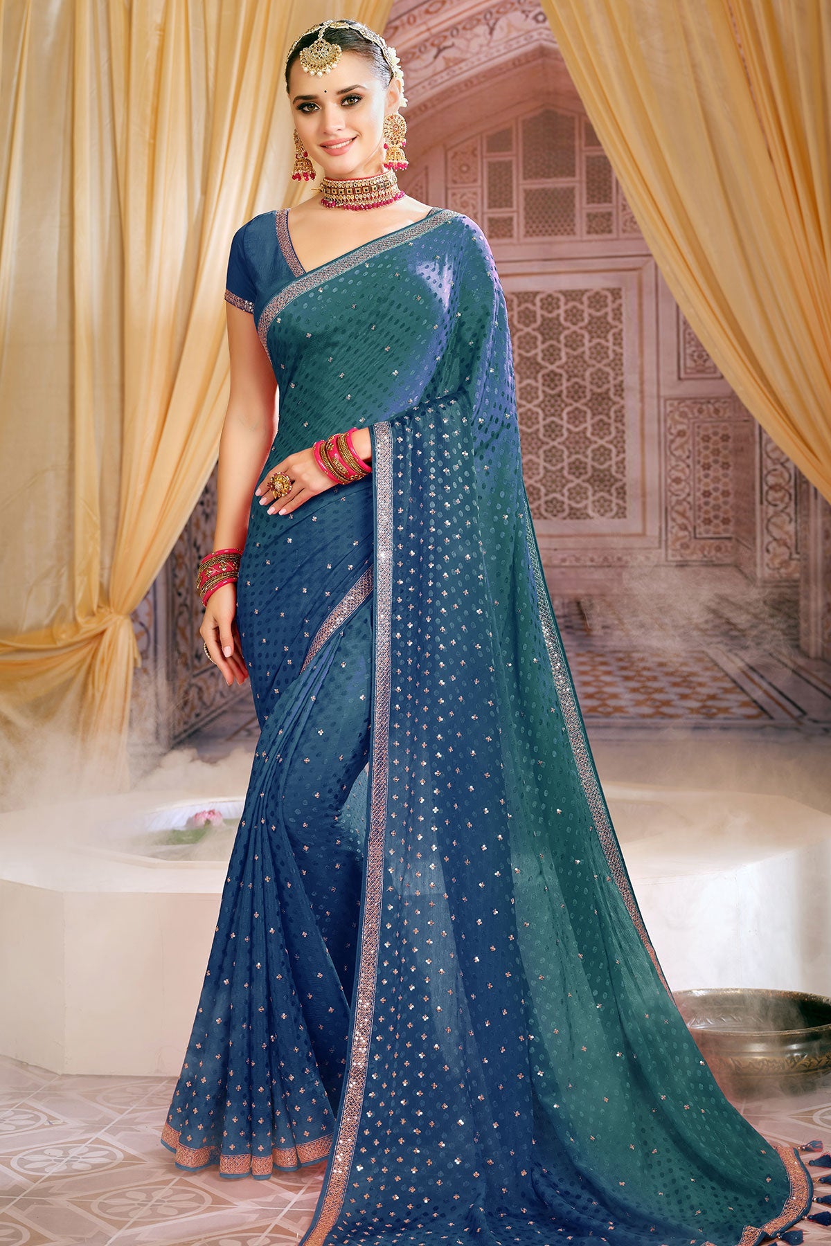 Navy Georgette Zari and Sequins Embroidered Saree