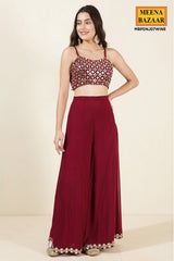 Wine Georgette Mirror Work Embroidered Crop Top Jacket Palazzo 3-Pc Set
