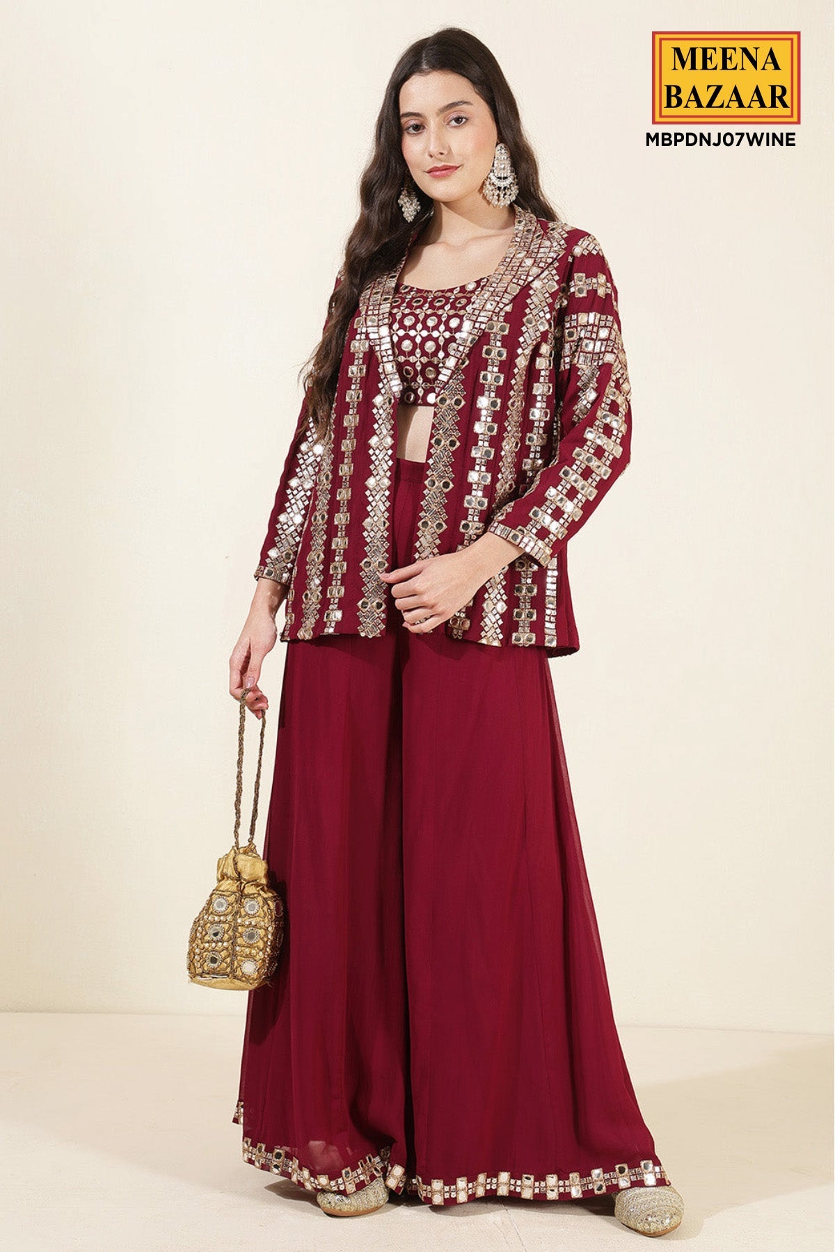 Wine Georgette Mirror Work Embroidered Crop Top Jacket Palazzo 3-Pc Set
