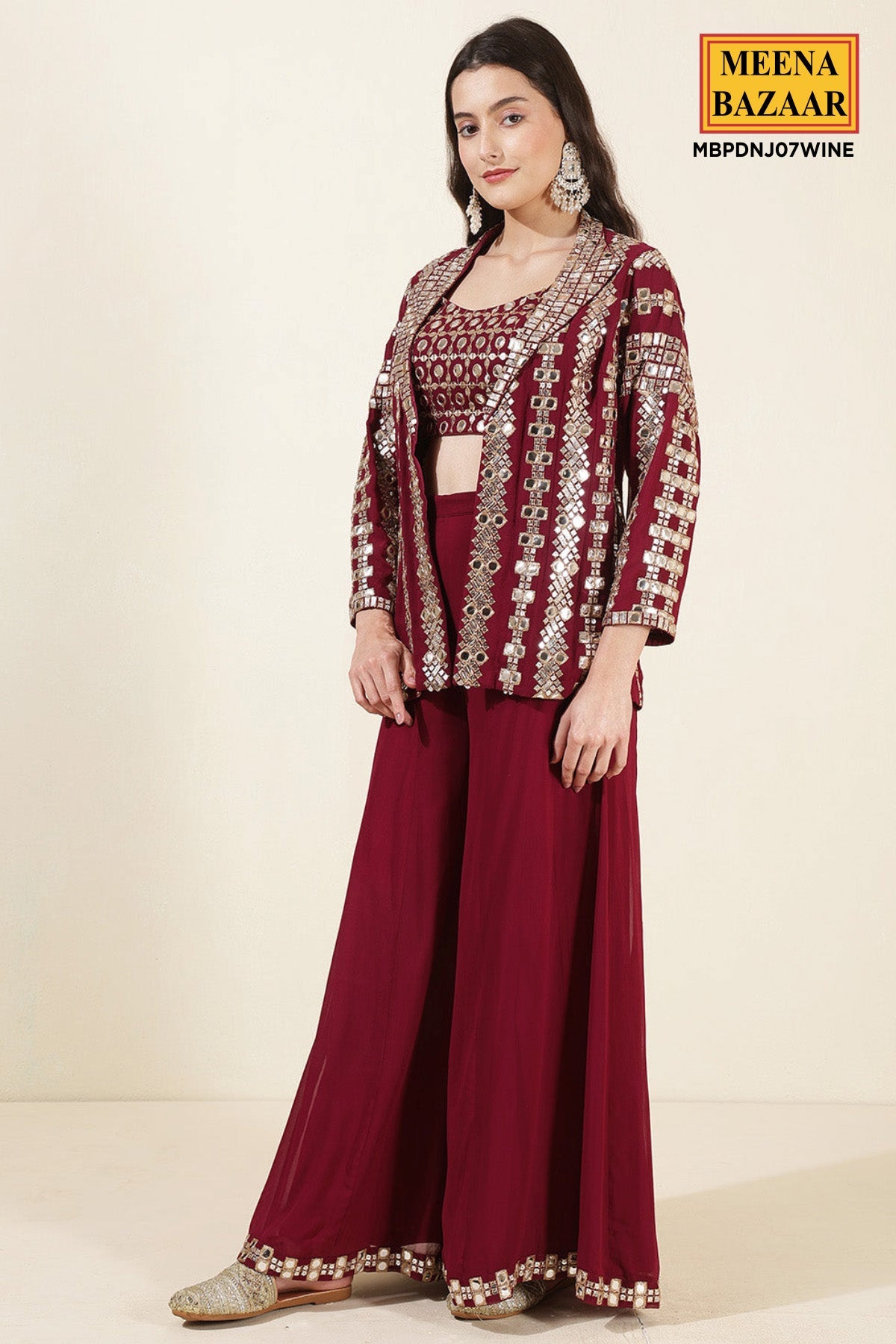 Wine Georgette Mirror Work Embroidered Crop Top Jacket Palazzo 3-Pc Set