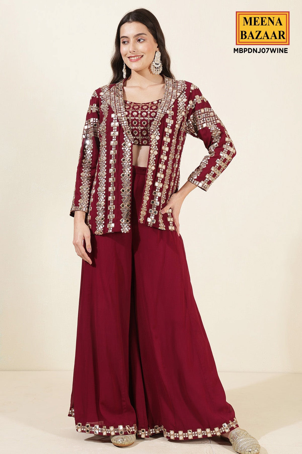 Wine Georgette Mirror Work Embroidered Crop Top Jacket Palazzo 3-Pc Set