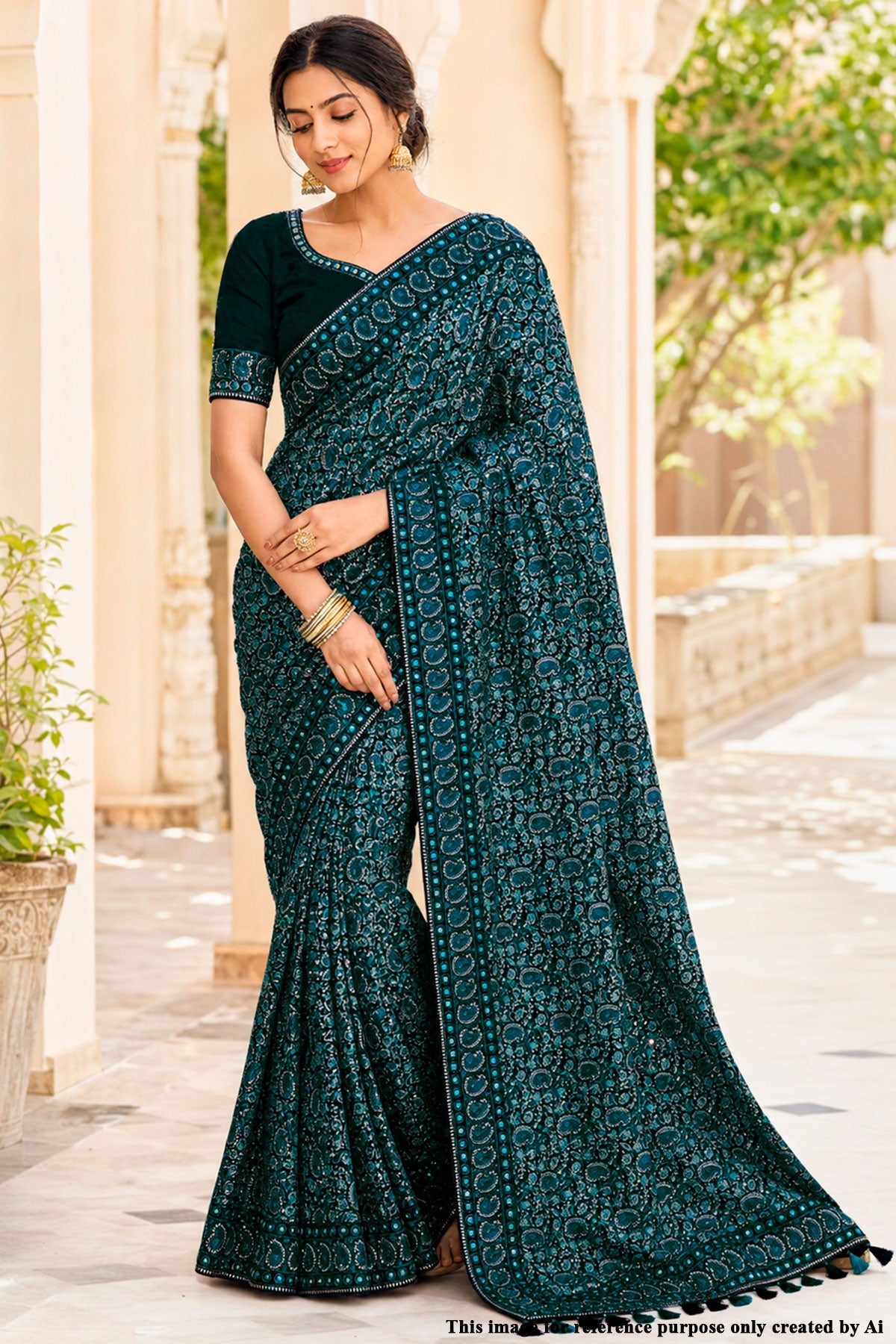 Bottlegreen Georgette Embroidered Saree - Designer Festive Saree