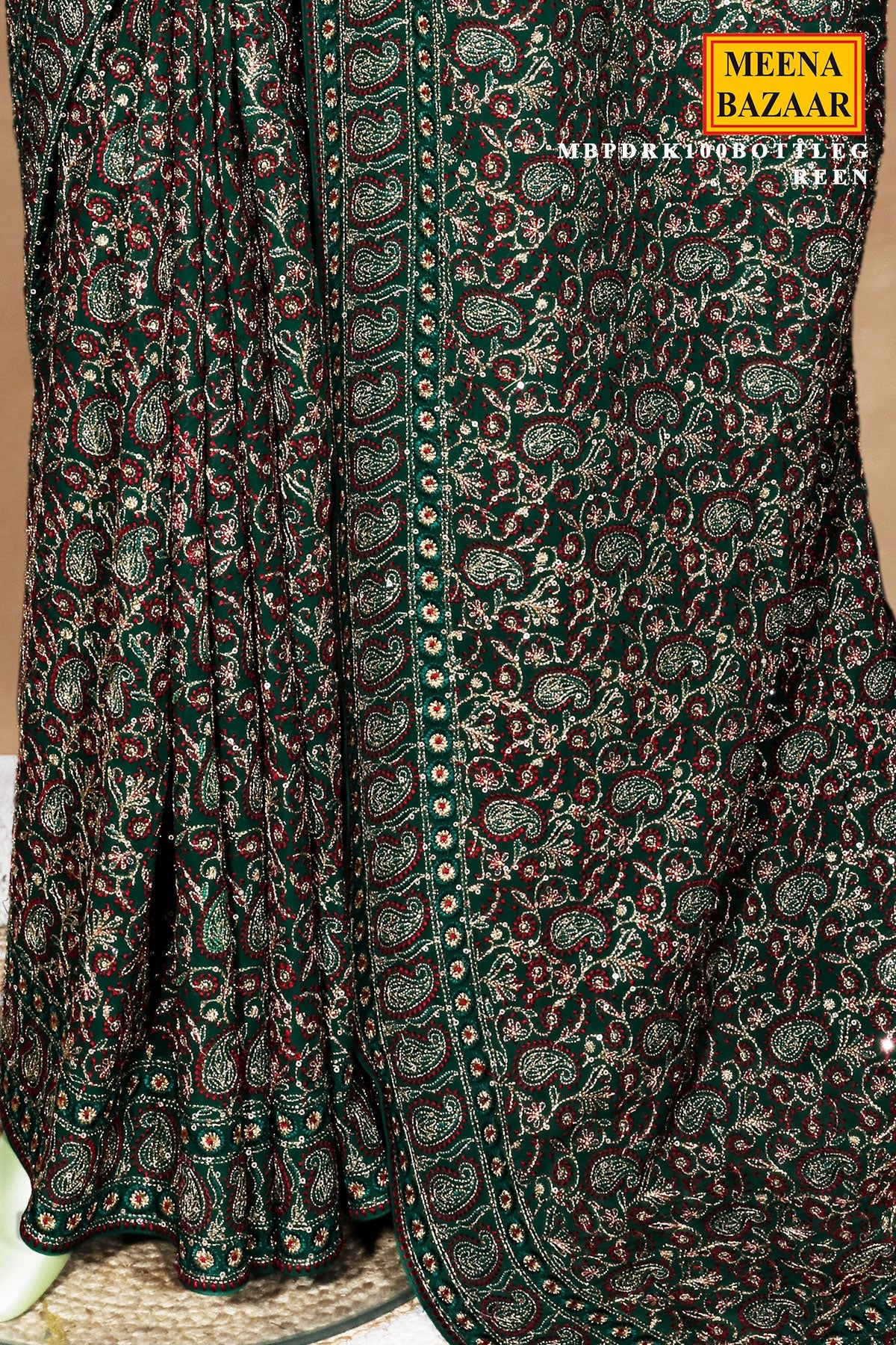 Bottlegreen Georgette Embroidered Saree - Designer Festive Saree