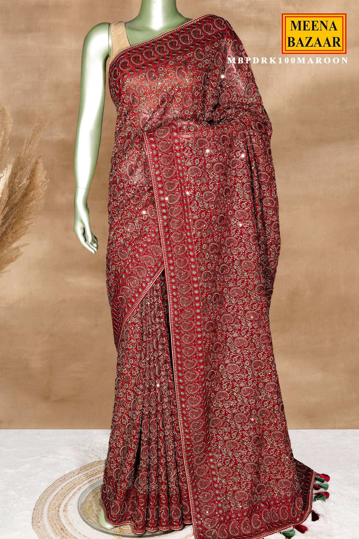 Maroon Georgette Embroidered Saree - Luxury Party Wear Saree