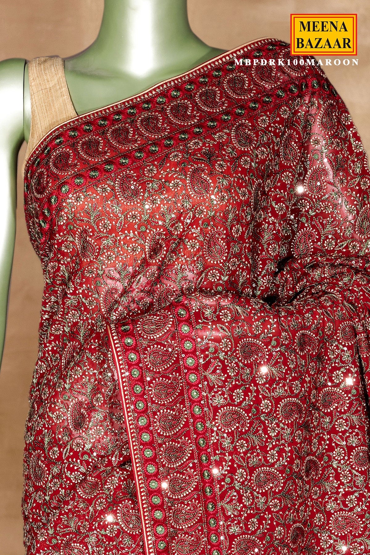 Maroon Georgette Embroidered Saree - Luxury Party Wear Saree
