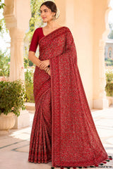 Maroon Georgette Embroidered Saree - Luxury Party Wear Saree