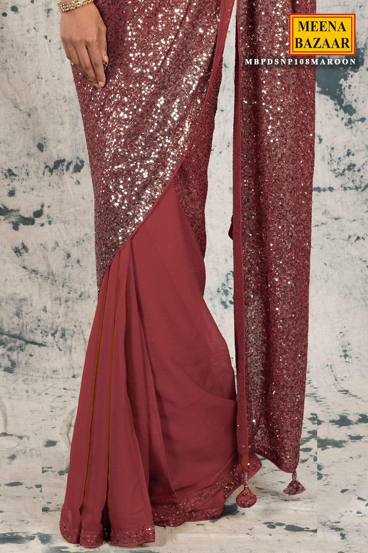 Maroon Georgette Sequins Embroidered Saree
