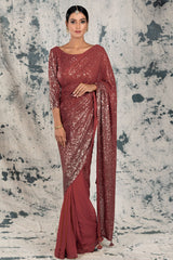 Maroon Georgette Sequins Embroidered Saree