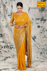 Mustard Georgette Sequins Embroidered Saree