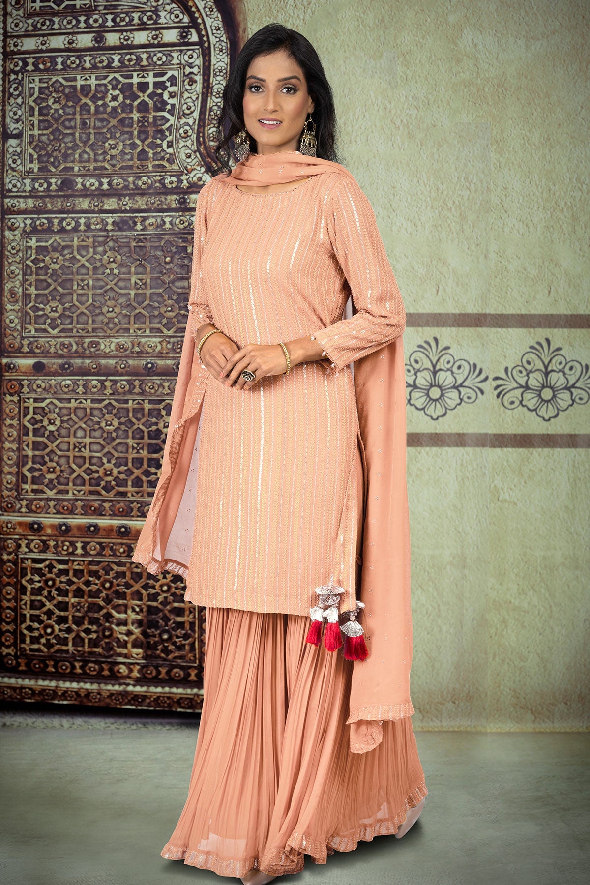Peach Georgette Sequin Embroidered Unstitched Suit