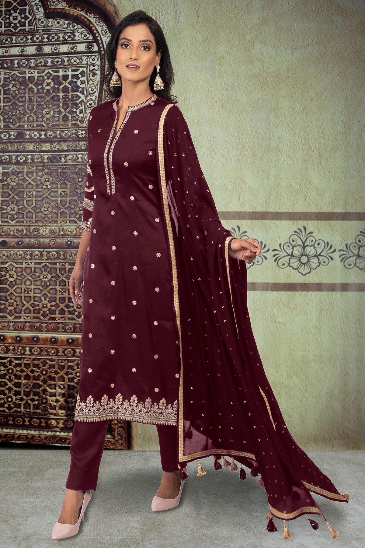 Wine Silk Gotta Patti Embroidered Unstitched Suit