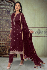 Wine Silk Gotta Patti Embroidered Unstitched Suit