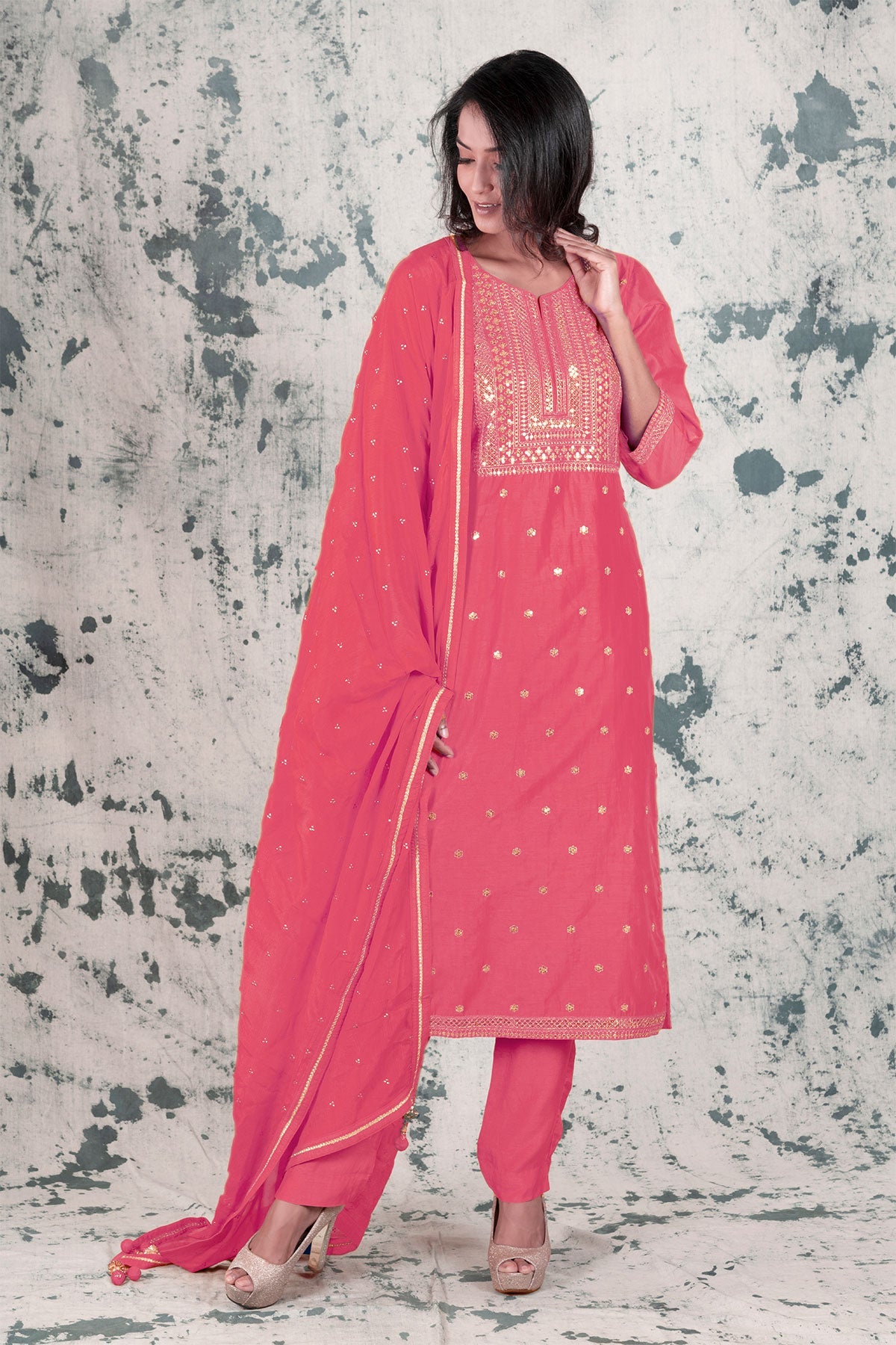 Gajari Chanderi Zari and Sequins Embroidered With Chinon Dupatta Unstitched Suit